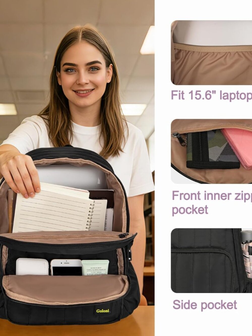 Puffer Laptop Backpack for Women, 14.7 Inch Waterproof Quilted Backpack,Lightwei - Picture 4 of 7